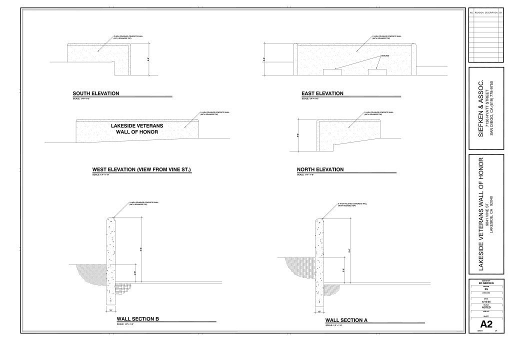 Architectural elevation and section drawings for the proposed Lakeside Veterans Wall of Honor