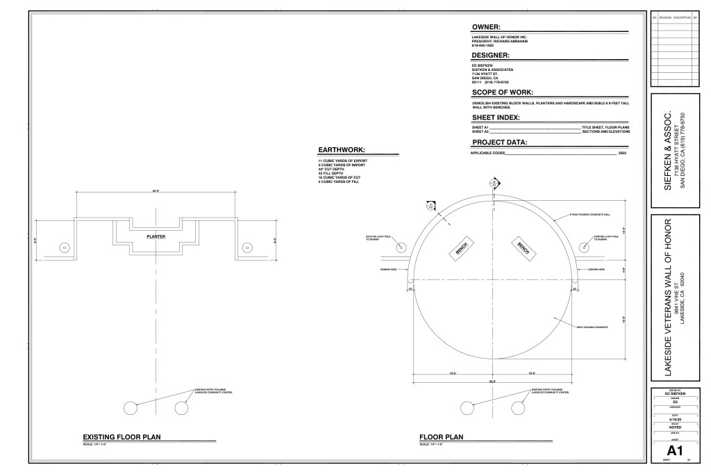Architectural floor plan showing the proposed circular Lakeside Veterans Wall of Honor with two interior benches