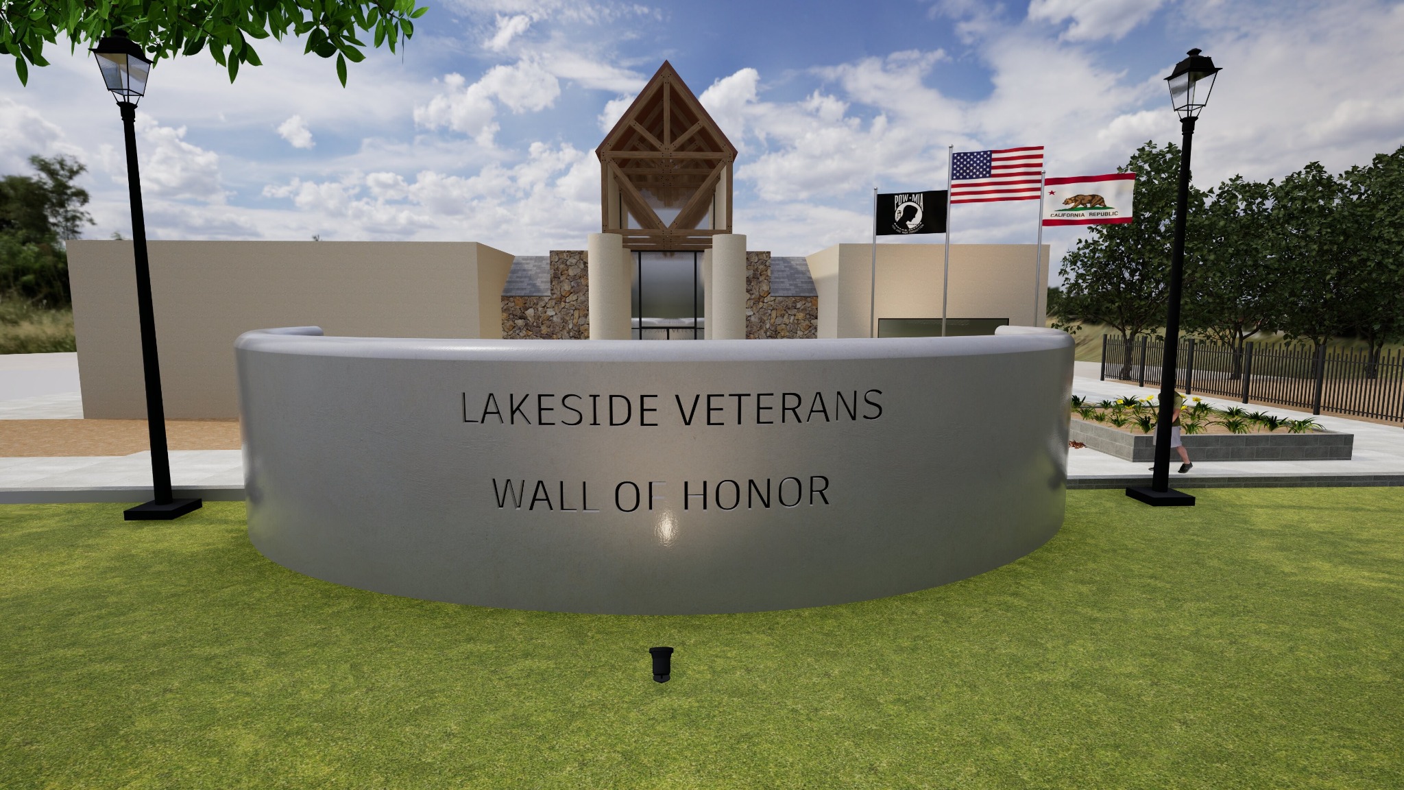 Front concept rendering of the proposed semicircular Lakeside Veterans Wall of Honor with the community center and three flags behind it