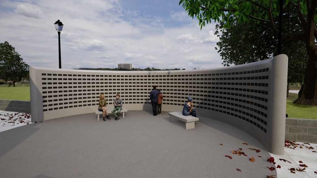 Interior concept rendering of the proposed curved veterans wall with rows of memorial plaques and two benches